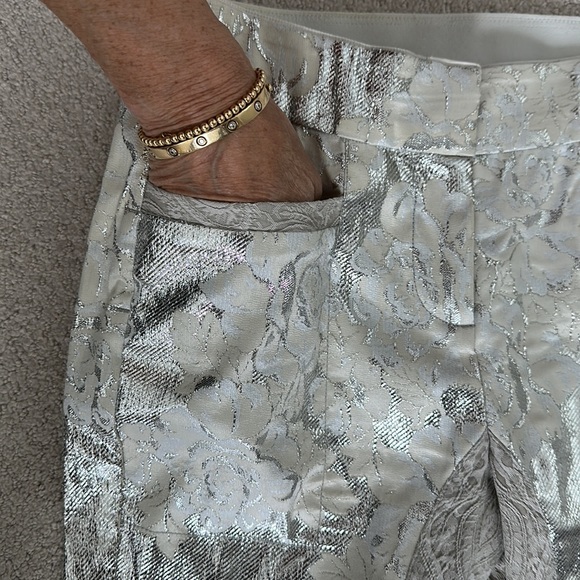 Bryan Lars Beauty Mark designer silver Lamé pants with cream and white flowers - Picture 2 of 11